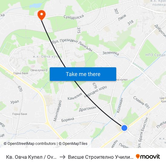Кв. Овча Купел / Ovcha Kupel Qr. (0881) to Висше Строително Училище ""Любен Каравелов"" map
