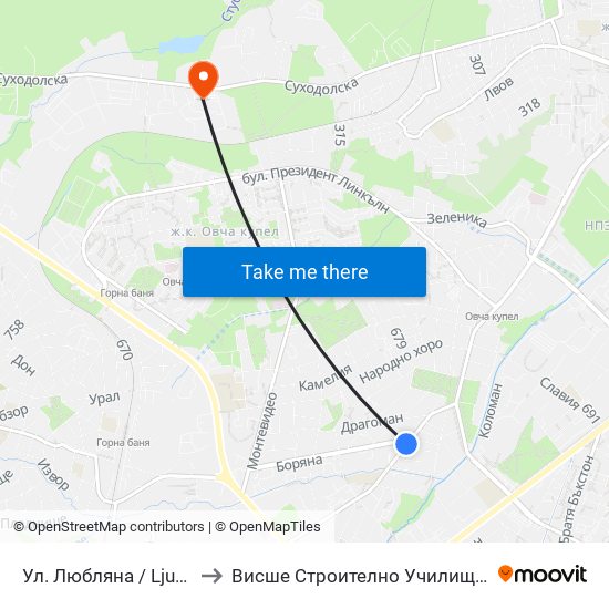 Ул. Любляна / Ljubljana St. (0900) to Висше Строително Училище ""Любен Каравелов"" map
