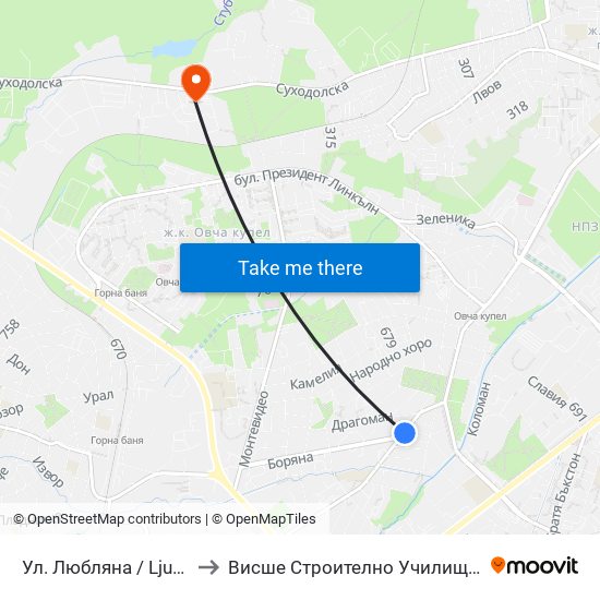 Ул. Любляна / Ljubljana St. (2541) to Висше Строително Училище ""Любен Каравелов"" map