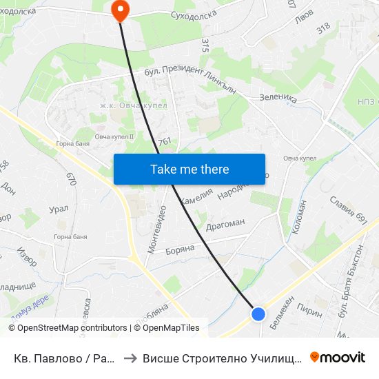 Кв. Павлово / Pavlovo Qr. (0892) to Висше Строително Училище ""Любен Каравелов"" map