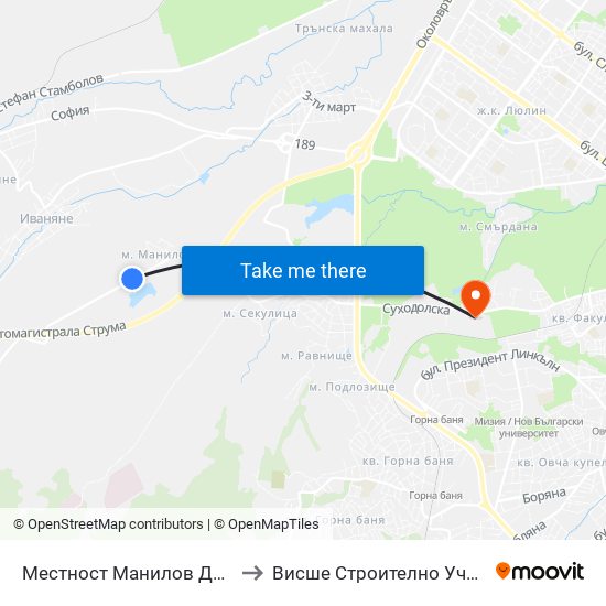 Местност Манилов Дол / Manilov Dol Area (0918) to Висше Строително Училище ""Любен Каравелов"" map