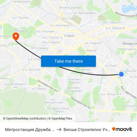 Ⓜ️ Метростанция Дружба / Druzhba Metro Station (0236) to Висше Строително Училище ""Любен Каравелов"" map
