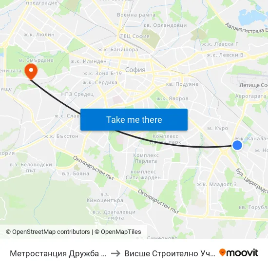 Ⓜ️ Метростанция Дружба / Druzhba Metro Station (0236) to Висше Строително Училище ""Любен Каравелов"" map