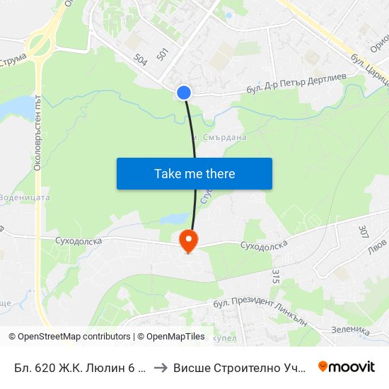 Бл. 620 Ж.К. Люлин 6 / Bl. 620, Lyulin 6 Qr. (0241) to Висше Строително Училище ""Любен Каравелов"" map