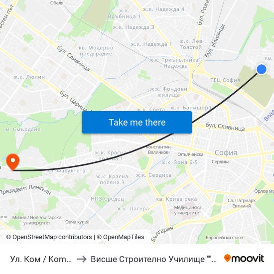 Ул. Ком / Kom St. (2600) to Висше Строително Училище ""Любен Каравелов"" map