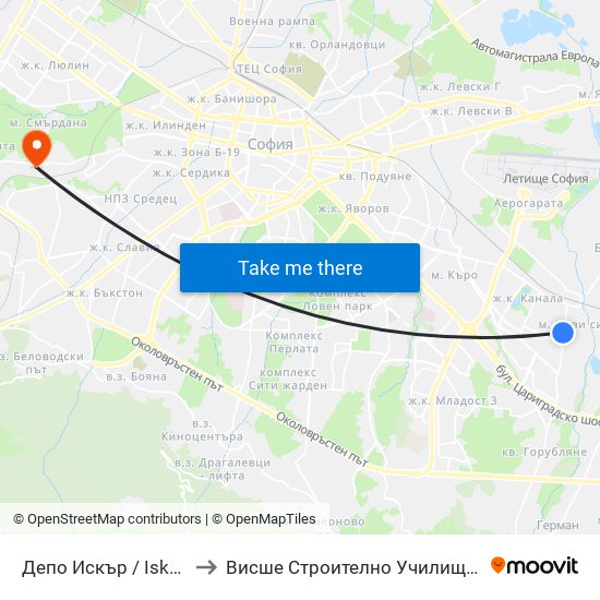 Депо Искър / Iskar Depot (0519) to Висше Строително Училище ""Любен Каравелов"" map