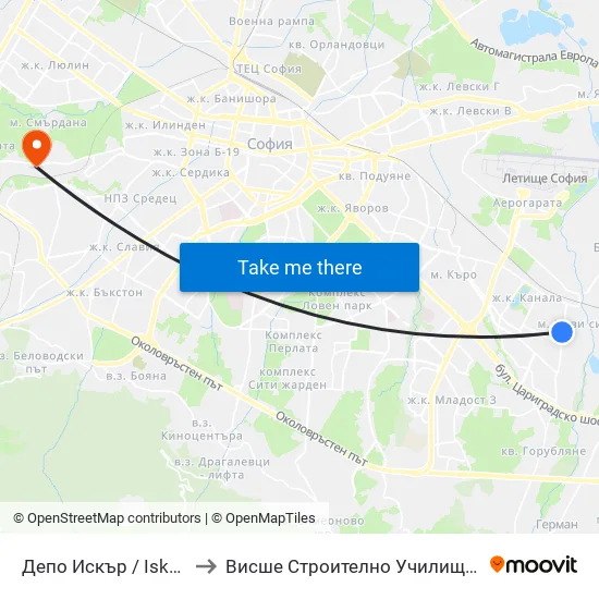 Депо Искър / Iskar Depot (0519) to Висше Строително Училище ""Любен Каравелов"" map