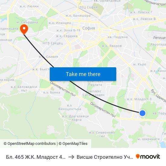 Бл. 465 Ж.К. Младост 4 / Bl. 465, Mladost 4 Qr. (0224) to Висше Строително Училище ""Любен Каравелов"" map