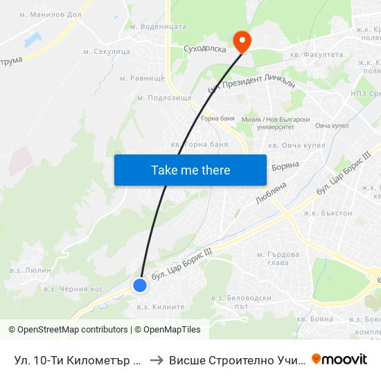 Ул. 10-Ти Километър / 10-Ti Kilometar St. (0521) to Висше Строително Училище ""Любен Каравелов"" map