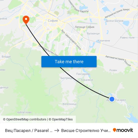 Вец Пасарел / Pasarel Hydroelectric Plant (0420) to Висше Строително Училище ""Любен Каравелов"" map