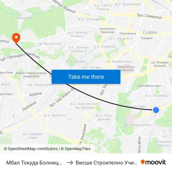 Мбал Токуда Болница / Tokuda Hospital (0205) to Висше Строително Училище ""Любен Каравелов"" map