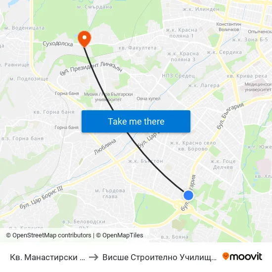 Кв. Манастирски Ливади (0868) to Висше Строително Училище ""Любен Каравелов"" map