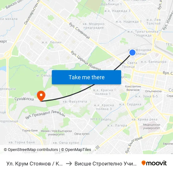 Ул. Крум Стоянов / Krum Stoyanov St. (2015) to Висше Строително Училище ""Любен Каравелов"" map