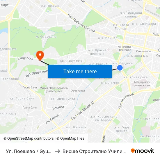 Ул. Гюешево / Gyueshevo St. (1158) to Висше Строително Училище ""Любен Каравелов"" map