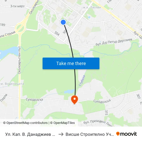 Ул. Кап. В. Данаджиев / Capt. V. Danadzhiev St. (1982) to Висше Строително Училище ""Любен Каравелов"" map