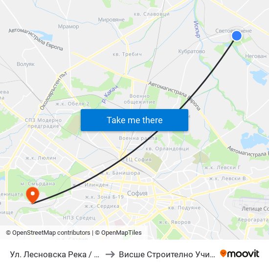 Ул. Лесновска Река / Lesnovska Reka St. (2545) to Висше Строително Училище ""Любен Каравелов"" map