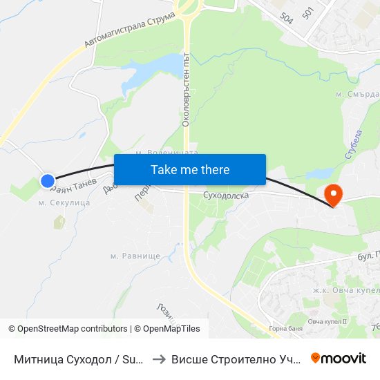 Митница Суходол / Suhodol Custom-House (1070) to Висше Строително Училище ""Любен Каравелов"" map