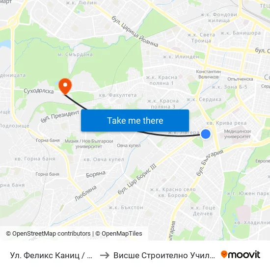 Ул. Феликс Каниц / Feliks Kanitz St. (2423) to Висше Строително Училище ""Любен Каравелов"" map