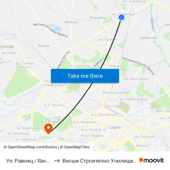 Ул. Равнец / Ravnets St. (2151) to Висше Строително Училище ""Любен Каравелов"" map
