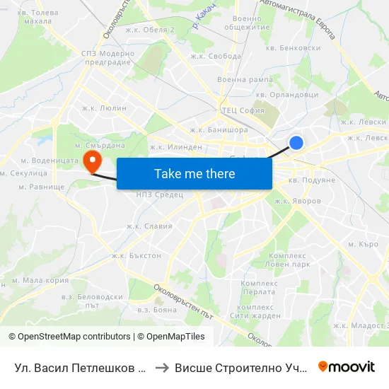 Ул. Васил Петлешков / Vasil Petleshkov St. (1864) to Висше Строително Училище ""Любен Каравелов"" map
