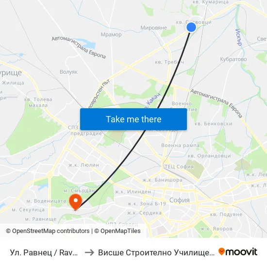 👋 Ул. Равнец / Ravnets St. (2150) to Висше Строително Училище ""Любен Каравелов"" map
