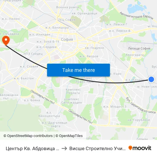 Център Кв. Абдовица / Abdovitsa Centre (2339) to Висше Строително Училище ""Любен Каравелов"" map