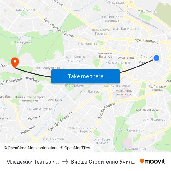 Младежки Театър / Youth Theatre (1074) to Висше Строително Училище ""Любен Каравелов"" map