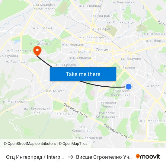 Стц Интерпред / Interpred World Trade Centre (1112) to Висше Строително Училище ""Любен Каравелов"" map