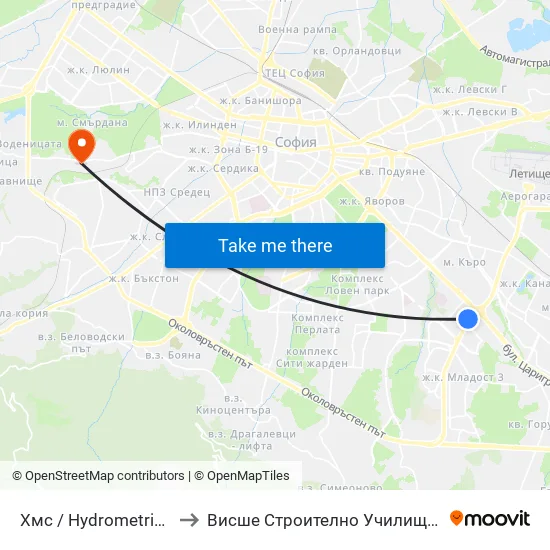 Хмс / Hydrometric Station (2318) to Висше Строително Училище ""Любен Каравелов"" map