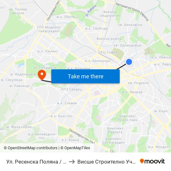 Ул. Ресенска Поляна / Resenska Polyana St. (2156) to Висше Строително Училище ""Любен Каравелов"" map
