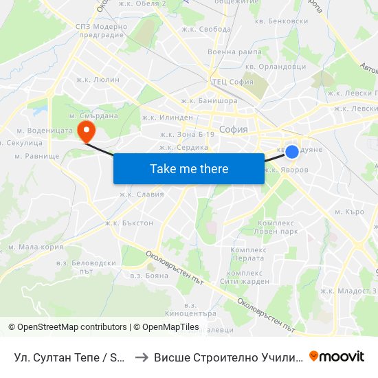 Ул. Султан Тепе / Sultan Tepe St. (2195) to Висше Строително Училище ""Любен Каравелов"" map