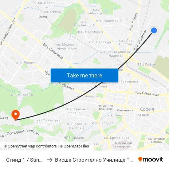 Стинд 1 / Stind 1 (0549) to Висше Строително Училище ""Любен Каравелов"" map