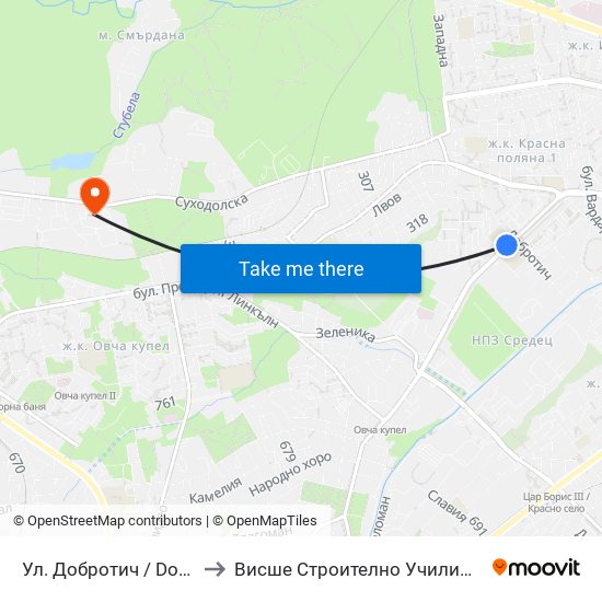 Ул. Добротич / Dobrotich St. (1934) to Висше Строително Училище ""Любен Каравелов"" map