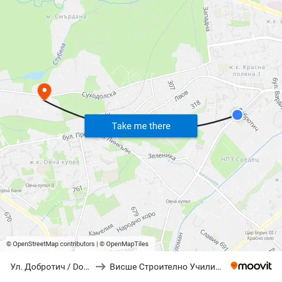 Ул. Добротич / Dobrotich St. (1934) to Висше Строително Училище ""Любен Каравелов"" map