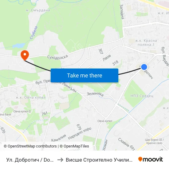 Ул. Добротич / Dobrotich St. (1933) to Висше Строително Училище ""Любен Каравелов"" map