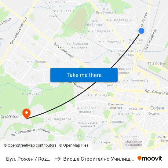 Бул. Рожен / Rozhen Blvd. (0547) to Висше Строително Училище ""Любен Каравелов"" map