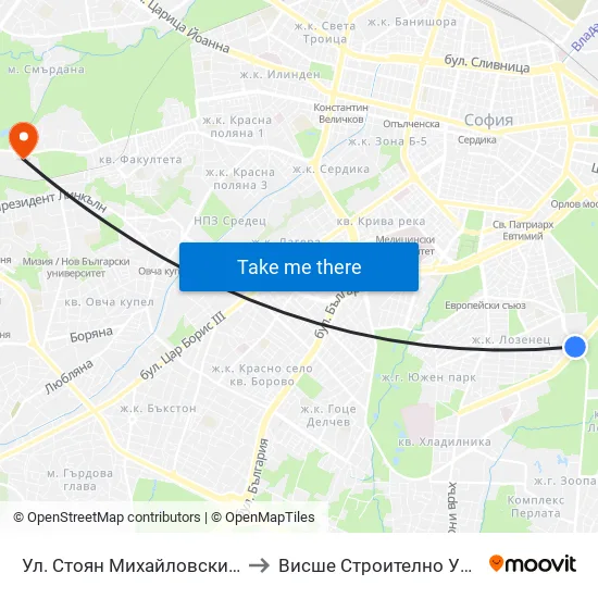 Ул. Стоян Михайловски / Stoyan Mihaylovski St. (2190) to Висше Строително Училище ""Любен Каравелов"" map