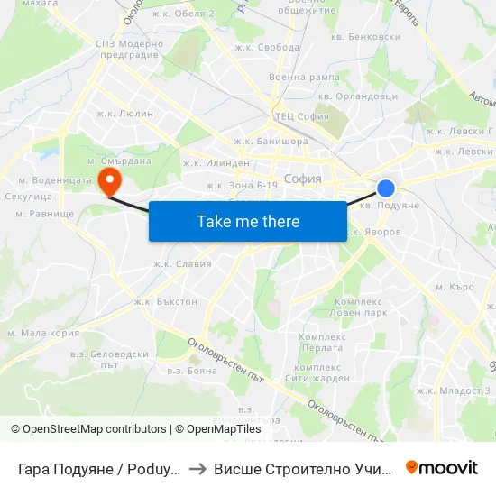 Гара Подуяне / Poduyane Train Station (0471) to Висше Строително Училище ""Любен Каравелов"" map