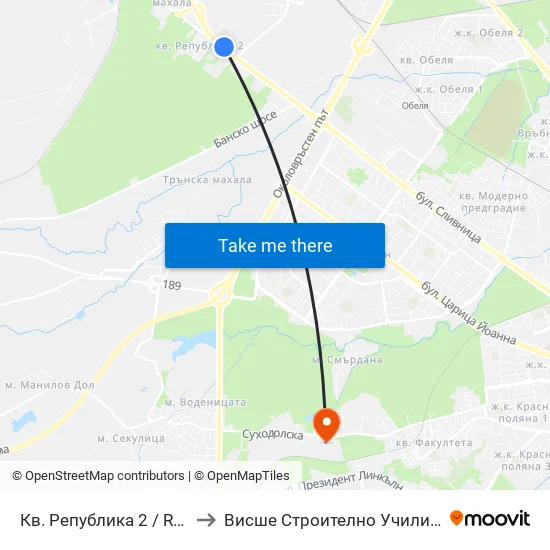 Кв. Република 2 / Republika 2 Qr (2527) to Висше Строително Училище ""Любен Каравелов"" map