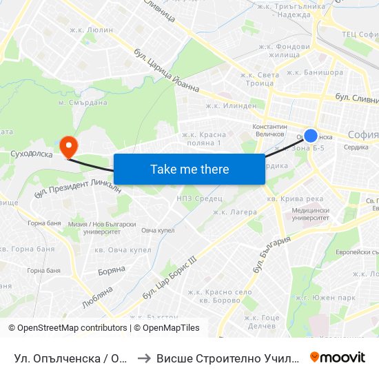 Ул. Опълченска / Opalchenska St. (2084) to Висше Строително Училище ""Любен Каравелов"" map