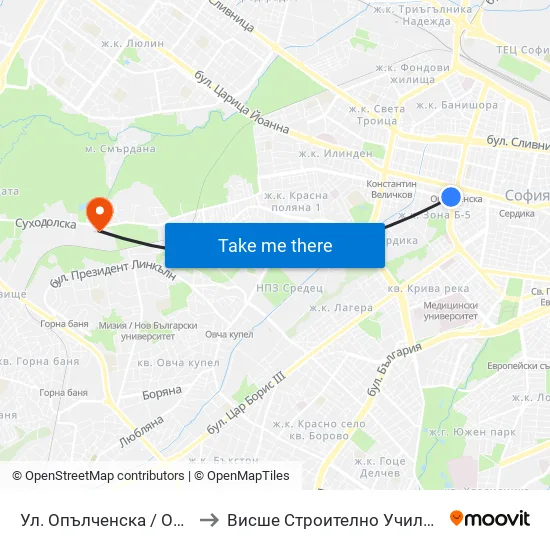 Ул. Опълченска / Opalchenska St. (2084) to Висше Строително Училище ""Любен Каравелов"" map