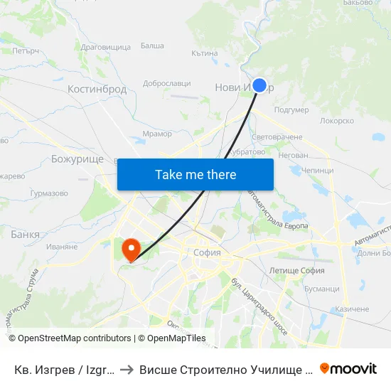 Кв. Изгрев / Izgrev Qr. (0841) to Висше Строително Училище ""Любен Каравелов"" map