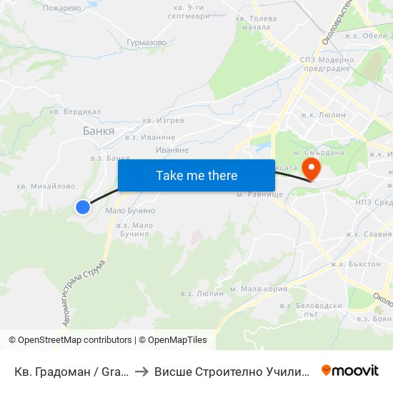 Кв. Градоман / Gradoman Qr. (0832) to Висше Строително Училище ""Любен Каравелов"" map