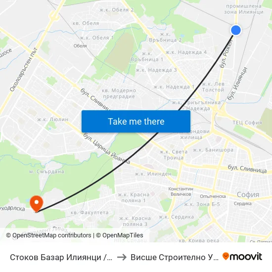 Стоков Базар Илиянци / Iliyantsi Commodity Market (2456) to Висше Строително Училище ""Любен Каравелов"" map
