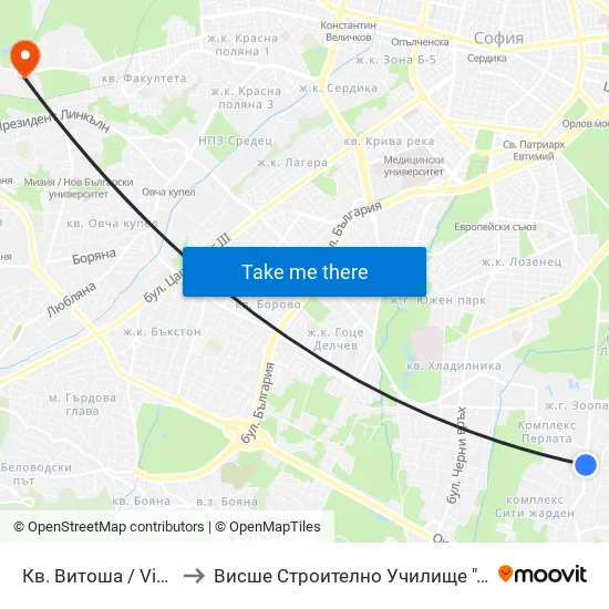 Кв. Витоша / Vitosha (0822) to Висше Строително Училище ""Любен Каравелов"" map