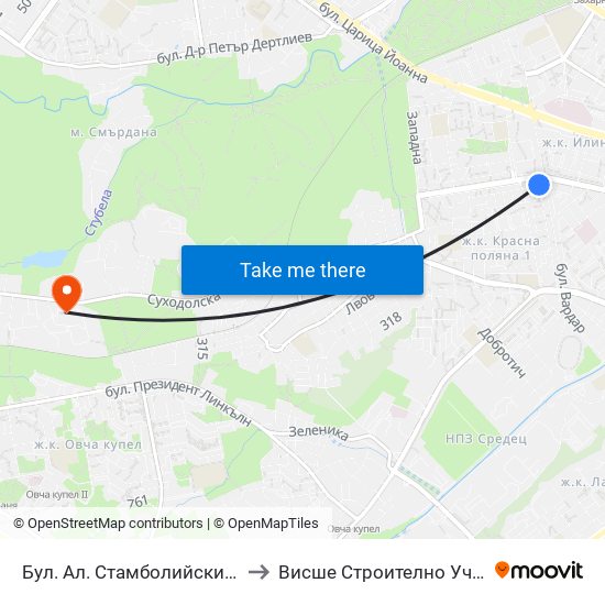 Бул. Ал. Стамболийски / Al. Stamboliyski Blvd. (0282) to Висше Строително Училище ""Любен Каравелов"" map