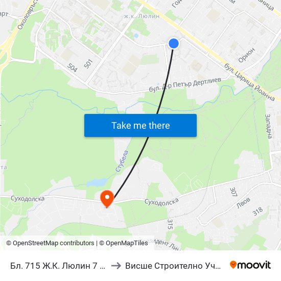 Бл. 715 Ж.К. Люлин 7 / Bl. 715, Lyulin 7 Qr. (0253) to Висше Строително Училище ""Любен Каравелов"" map