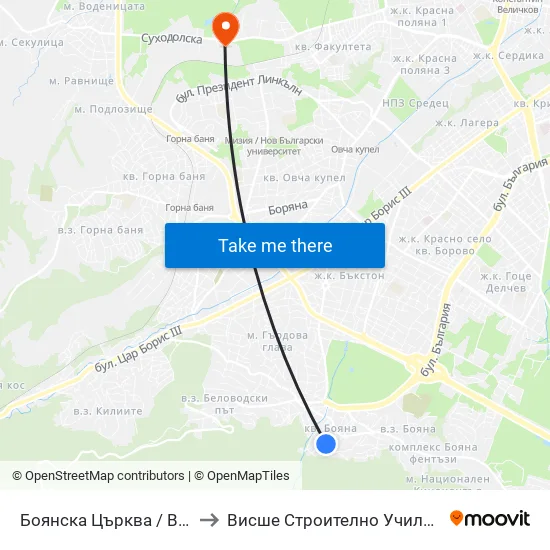 Боянска Църква / Boyana Church (0261) to Висше Строително Училище ""Любен Каравелов"" map