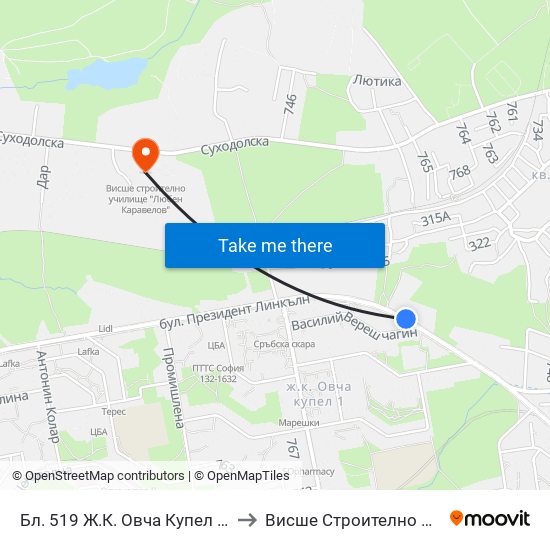 Бл. 519 Ж.К. Овча Купел 1 / Bl. 519, Ovcha Kupel 1 Qr. (0230) to Висше Строително Училище ""Любен Каравелов"" map