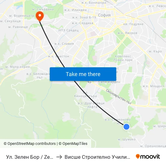 Ул. Зелен Бор / Zelen Bor St. (0260) to Висше Строително Училище ""Любен Каравелов"" map